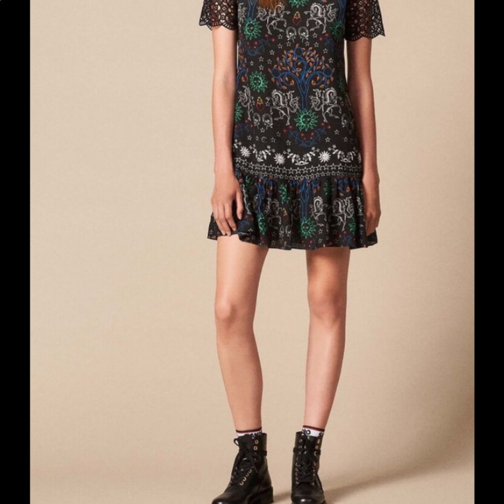 Sandro short printed dress with gouet lace (EU 34)